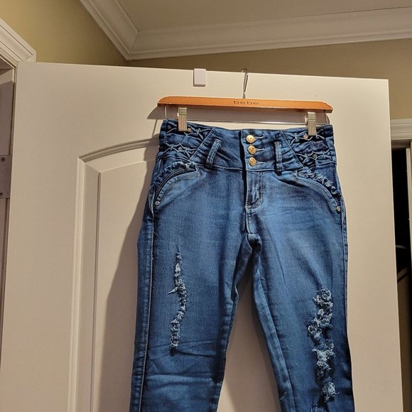 Electric Blue 3 Button Jeans With Rhinestones - Picture 2 of 6